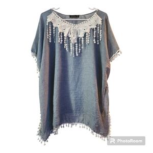 ANA & ROSE Women's Translucent Blue Tasseled Swimsuit Cover-Up Sz.OS (fits most)
